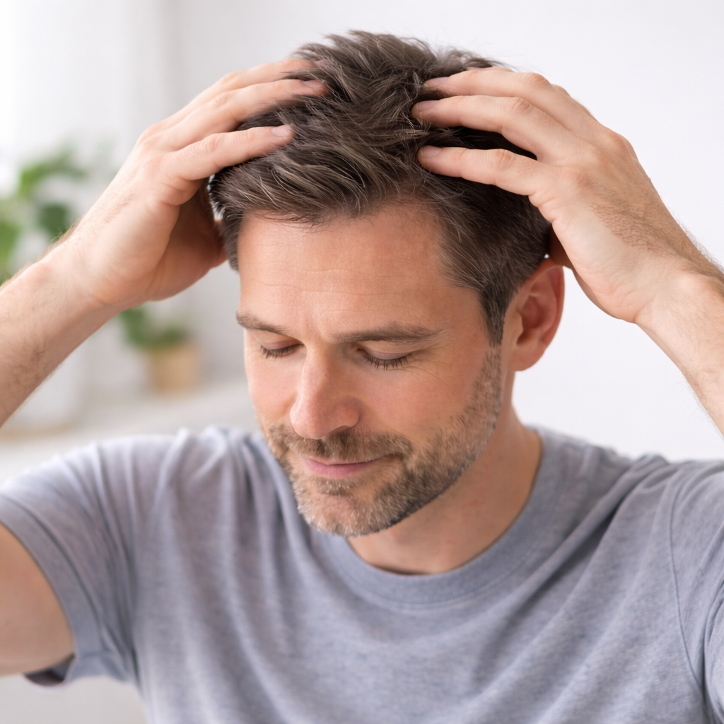 Man performing a scalp massage for improved circulation